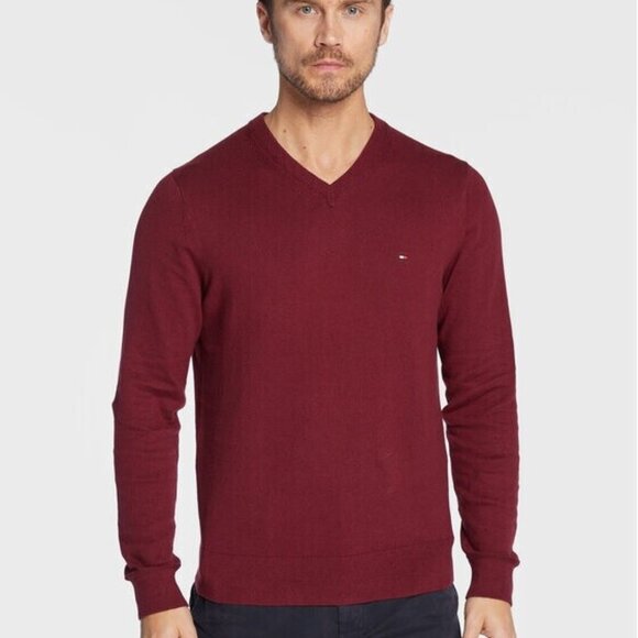 NWT Tommy Hilfiger Sweater V-Neck Pullover  Deep Red 100% Cotton Men's Large - Picture 1 of 6
